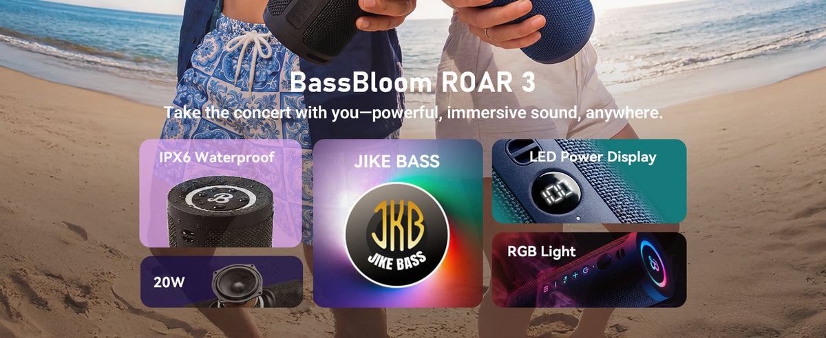 BassBloom Roar 3 Portable Bluetooth Speaker,20W Powerful Sound with JIKE Bass,IPX6 Waterproof,24H Playtime,Bluetooth 5.4,RGB Lights,Wireless TWS Pairing,Outdoor for Camping and Beach